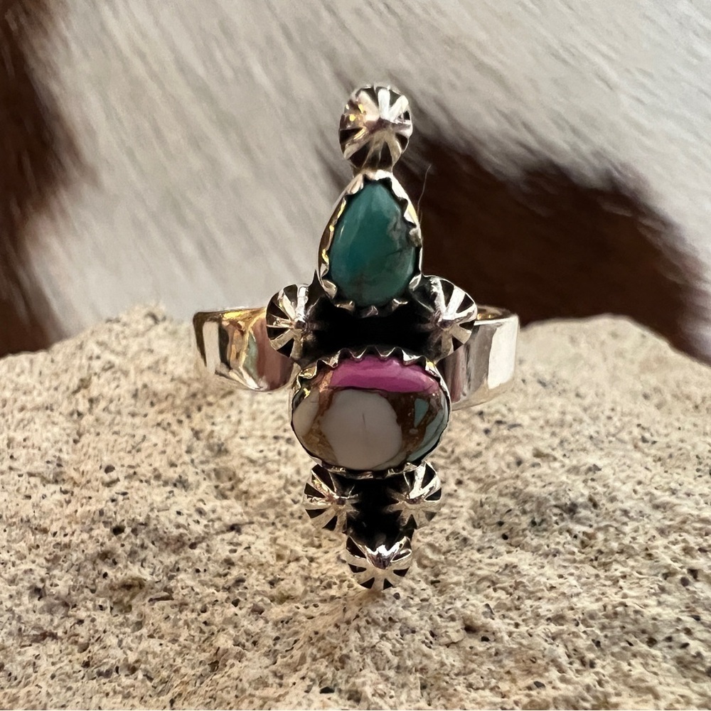 β€οΈ Cotton Candy Dahlia Kingman Turquoise Sterling Silver Navajo Adjustable Ring
